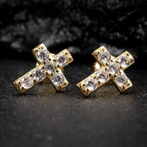 Yellow Gold Plated Sterling Silver Small Iced Cz Cross Stud Screw Back Earrings